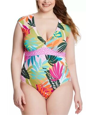 Bleu Rod Beattie Tropical Leaf Print One-Piece Swimsuit in Pink, Green, Blue